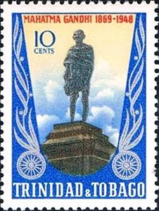 Stamp, Mahatma Gandhi and indian flag, Trinidad and Tobago,  , Flags