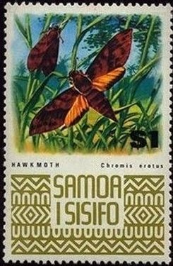 Stamp, White-brow Hawkmoth (Chromis erotus), Samoa,  , Insects, Butterflies, Animals (Fauna)