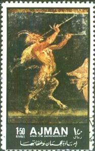 Stamp, Satyr playing a flute, Ajman,  , Mythology, Paintings, Frescos