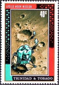 Stamp, Lunar landing module and astronauts on moon, Trinidad and Tobago,  