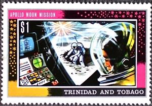 Stamp, Lunar landing module and astronauts on moon, Trinidad and Tobago,  