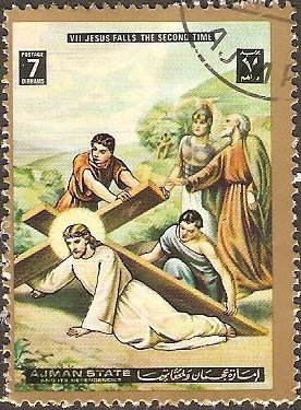 Stamp, Jesus falls the second time, Ajman,  , Religion