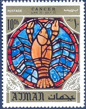 Stamp, Crab, zodiac sign in the Notre Dame Cathedral, Paris, Ajman,  , Zodiac
