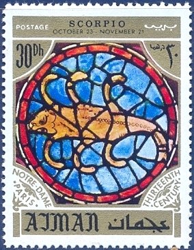 Stamp, Scorpion, zodiac sign in the Notre Dame Cathedral, Paris, Ajman,  , Zodiac