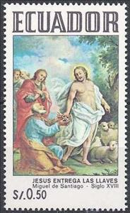 Stamp, Jesus Giving Keys to St. Peter, by Miguel de Santiago, Ecuador,  