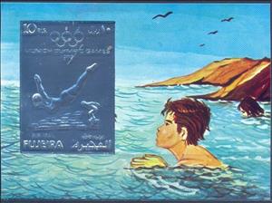 Souvenir Sheet, Art vaulter and swimmer on starting block, Fujeira,  , Olympic Games, Swimming