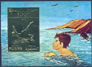 Souvenir Sheet, Art vaulter and swimmer on starting block, Fujeira,  , Olympic Games, Swimming