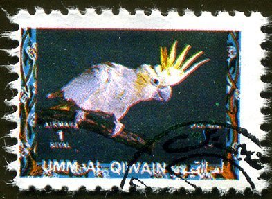 Stamp, Yellow-crested Cockatoo (Cacatua sulphurea), Umm al-Qiwain,  , Birds, Parrots, Animals (Fauna)