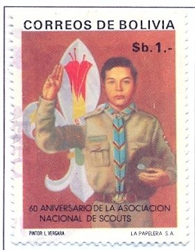 Stamp, Scout swearing, Boy Scout emblem with national flower (Khant, Bolivia,  , Scouting