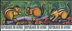 Se-tenant, Indian Palm Squirrel (Funambulus palmarum) - Stripe of 3 Sta, Guinea, Social Democratic Republic,  , Mammals, Squirrels, Animals (Fauna)