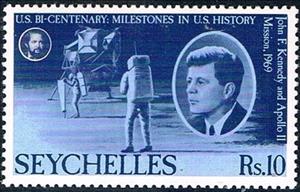 Stamp, Kennedy and Apollo 11 moon landing 1969, Seychelles,  