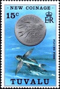 Stamp, 20c-coin, Flyingfish (Cypselurus sp.), Tuvalu,  , Coins, Sea Life, Fishes