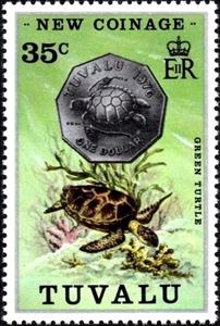 Stamp, $1 Coin, Green Sea Turtle (Chelonia mydas), Tuvalu,  , Coins, Sea Life, Turtles