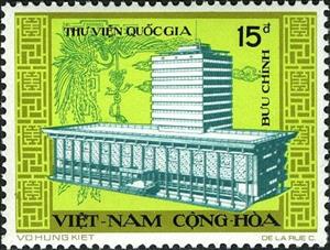 Stamp, Library, right facade and Phoenix, Vietnam, South,  , Libraries