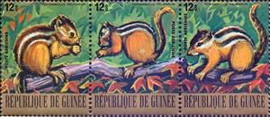 Se-tenant, Indian Palm Squirrel (Funambulus palmarum) - Stripe of 3 Sta, Guinea, Social Democratic Republic,  , Mammals, Squirrels, Animals (Fauna)