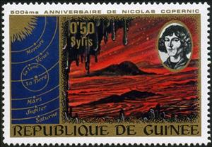 Stamp, Nicolas Copernicus- Moon surface, Solar System, Guinea, Social Democratic Republic,  , Celestial Bodies, Moon, Astronomers