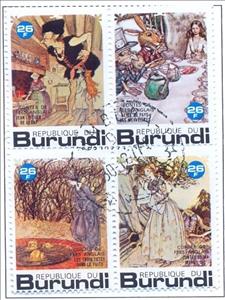 Se-tenant, Jack and the Beanstalk,Alice in Wonderland,Three heads in th, Burundi,  