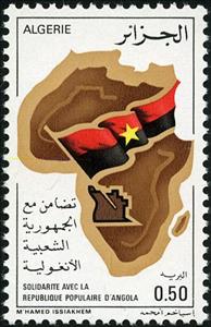 Stamp, Map of Africa and flag of Angola, Algeria,  , Flags, Maps