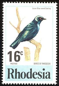 Stamp, Lesser Blue-eared Starling (Lamprotornis chloropterus), Rhodesia,  , Birds, Animals (Fauna)
