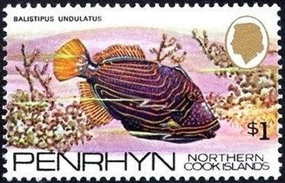Stamp, Orange-lined Triggerfish (Balistapus undulatus), Penrhyn,  , Animals (Fauna), Fishes