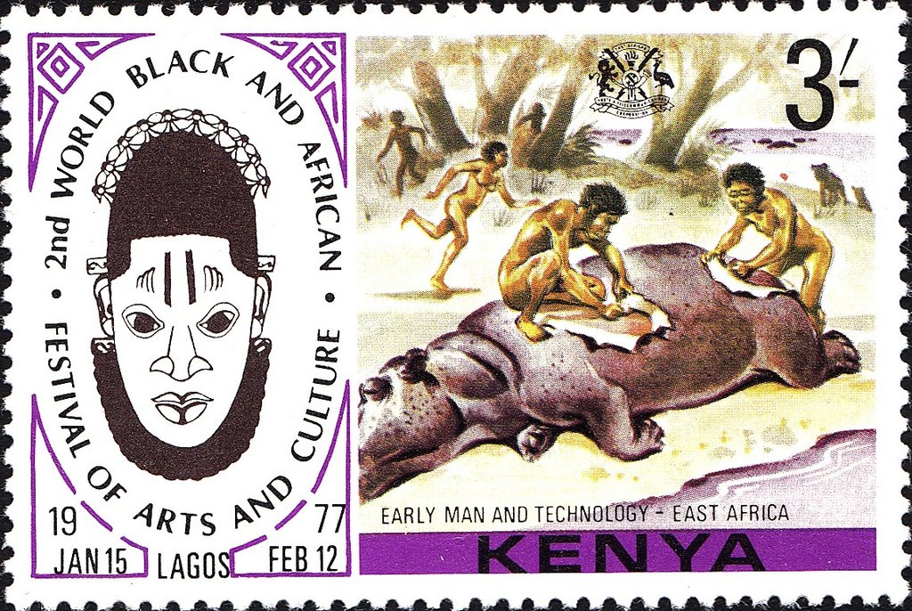 "Early man and technology" (skinning hippopotamus)