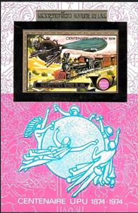 Souvenir Sheet, History of the Postal Service : Railway, Zeppelin, Laos,  , UPU, Railways, Zeppelins, Transport
