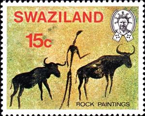 Stamp, Group of men, diff., Swaziland,  , Rock Art and Cave Paintings