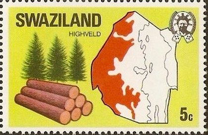 Stamp, Evergreens, timber, map of Highveld, Swaziland,  , Maps