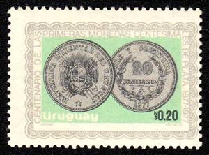 Stamp, Obverse and reverse of coin (20 centesimos), Uruguay,  , Coins