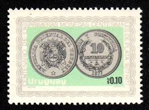 Stamp, Obverse and reverse of coin (10 centesimos), Uruguay,  , Coins