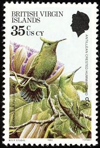 Stamp, Antillean Crested Hummingbird (Orthorhyncus cristatus), British Virgin Islands,  , Birds, Animals (Fauna)