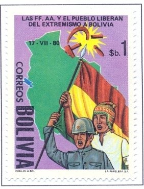 Stamp, Soldier and farmer with flag, Bolivia,  , Flags, Maps