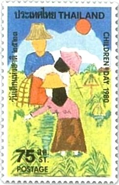 Family in rice field