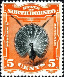 Stamp, Great Argus Pheasant (Argusianus argus), North Borneo,  , Birds, Animals (Fauna)