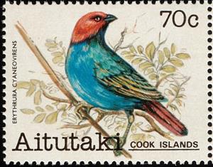 Stamp, Red-headed Parrotfinch (Erythrura cyaneovirens), Aitutaki,  , Birds