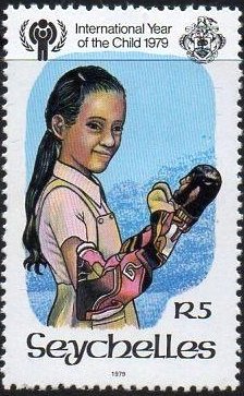 Stamp, Girl with puppet, Seychelles,  