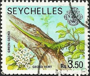 Stamp, Green Gecko (F: Phelsuma), Seychelles,  , Lizards, Animals (Fauna)