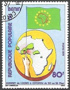 Stamp, Map of Africa and flag, Benin,  