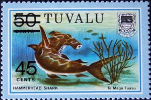 Stamp, Hammerhead Shark (Sphyrna sp.), Tuvalu,  , Sharks