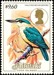 Stamp, Flat-billed Kingfisher (Todiramphus recurvirostris), Aitutaki,  , Birds, Kingfishers