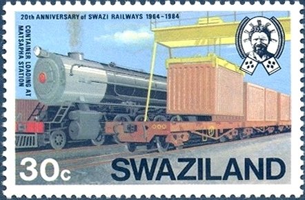 Stamp, Container loading, Swaziland,  , Railways, Locomotives