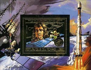 Souvenir Sheet, Sir Isaac Newton, sateliite TDF 1, Chad,  , Satellites