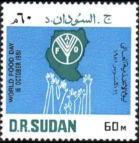 Stamp, Emblem on map, reaching hands, Sudan,  