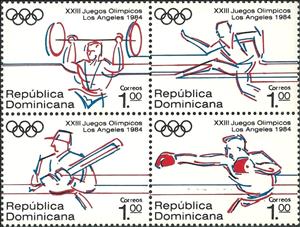 Se-tenant, Olympic Games Los angeles, Dominican Republic,  , Athletics, Olympic Games, Boxing, Baseball, Athletes, Weightlifting