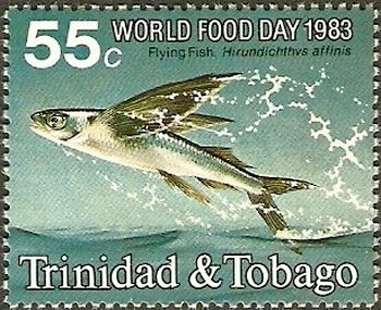 Stamp, Fourwing Flyingfish (Hirundichthys affinis) , Trinidad and Tobago,  , Food, Fishes