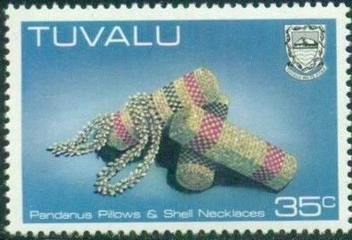 Stamp, Pandanus pillows, shell necklaces, Tuvalu,  , Crafts