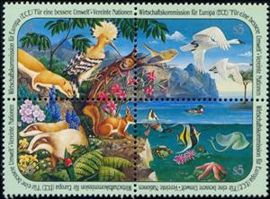 Se-tenant, E.c.e., UNO Vienna,  , Landscapes, Flowers, Birds, Mammals, Sea Life, Animals (Fauna), Plants (Flora), Fishes