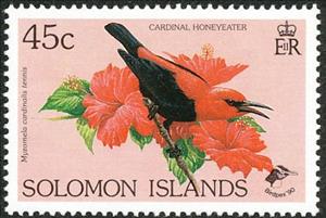 Stamp, Cardinal Myzomela (Myzomela cardinalis ssp. tenuis), Solomon Islands,  , Birds
