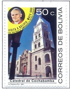 Stamp, Cathedral in Cochabamba, Bolivia,  , Popes, Churches - Cathedrals - Basilicas - Chapels