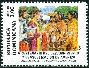 Stamp, Columbus talking with Guacanagari Indians, Dominican Republic,  